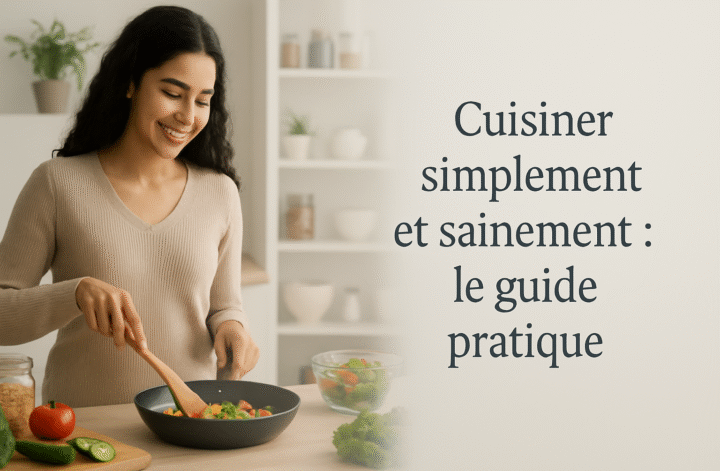 cuisine simple et de manière saine dans une cuisine moderne : légumes frais, céréales complètes, placard organisé, titre « Cuisiner simplement et sainement ».