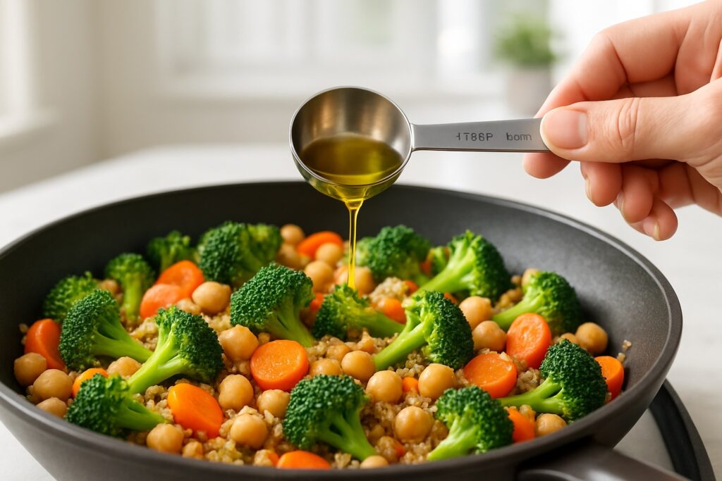 Poêlée 1–2–3 avec huile mesurée.