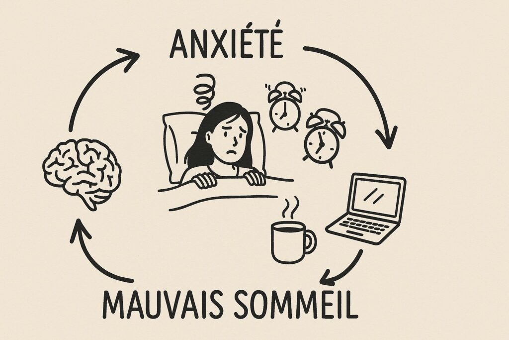 Schéma du cercle vicieux entre anxiété et mauvais sommeil.