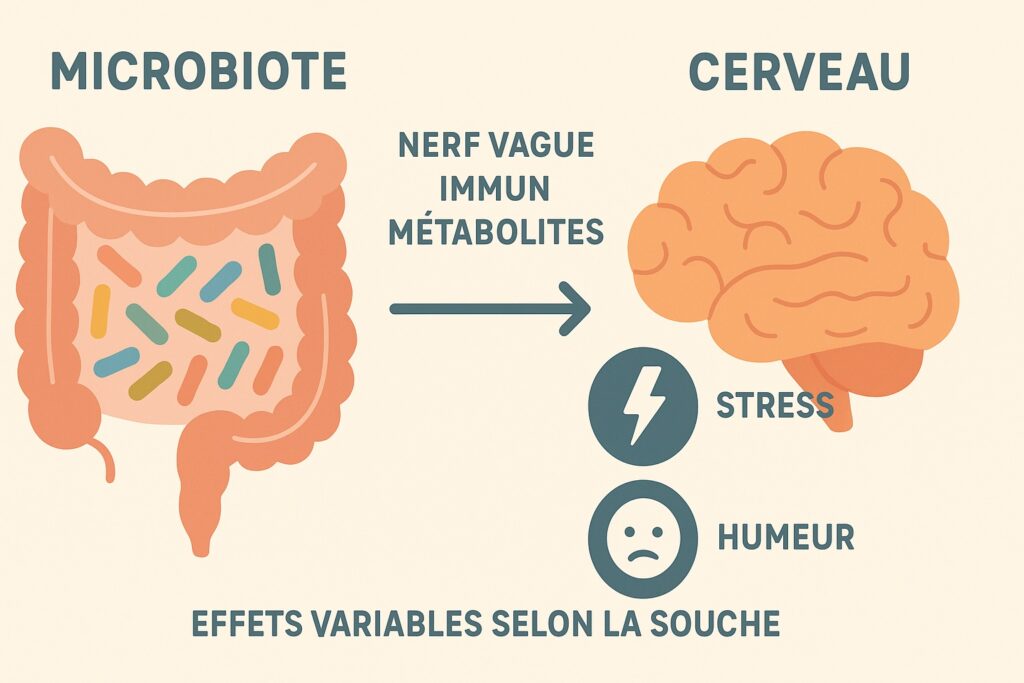 schéma axe intestin–cerveau et rôle potentiel des psychobiotiques.