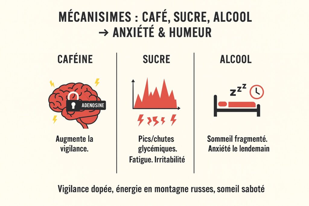 Mécanismes reliant café, sucre, alcool à anxiété et humeur.