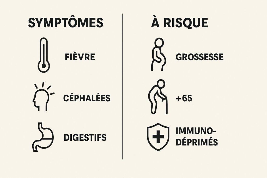 Infographie symptômes de la listériose et personnes à risque.