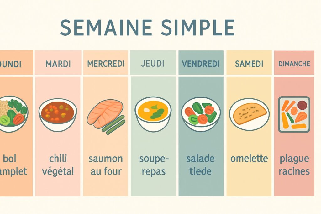 Planning de dîners équilibrés sur une semaine.