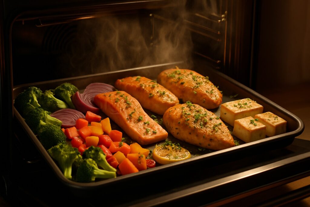 Plaque de four complète avec légumes et protéines.