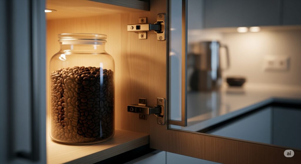 Grains de café dans un bocal opaque hermétique.