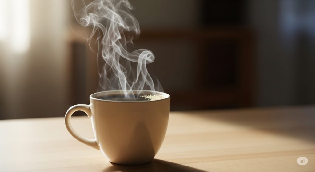 Mug de café noir fumant posé sur une table en bois.