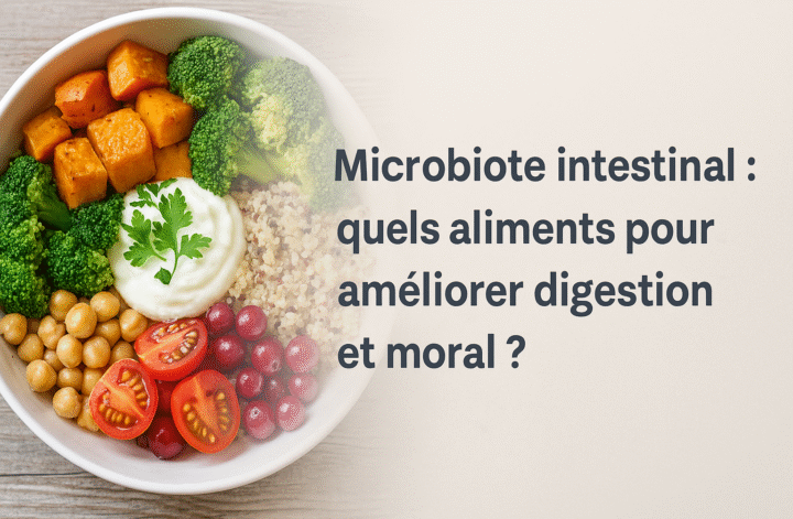 Image de couverture avec bol d’aliments sains (brocoli, pois chiches, quinoa, tomates, yaourt) et titre de l’article à droite.