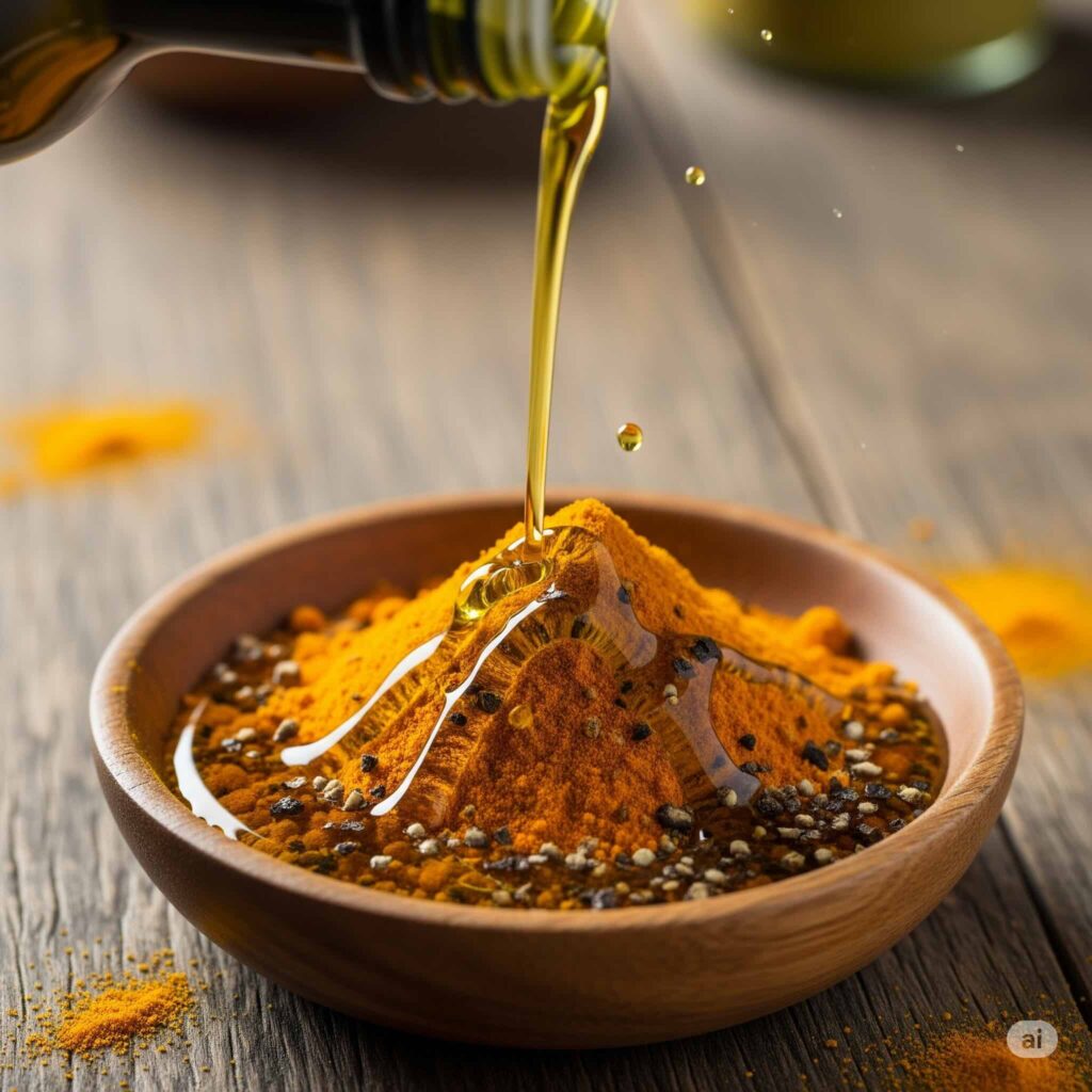 Image hyperréaliste d'huile d'olive versée sur du curcuma moulu et du poivre noir dans un bol.