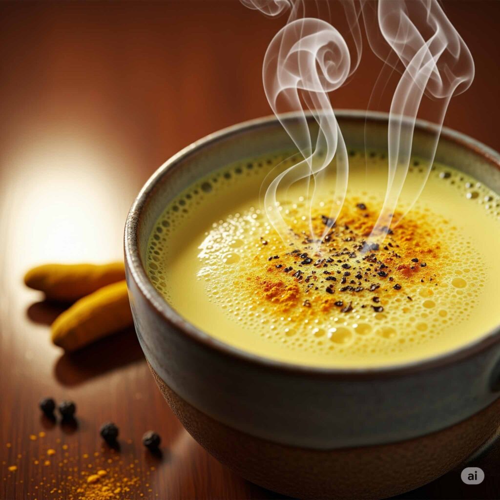 Image hyperréaliste d'une tasse fumante de lait d'or au curcuma avec des épices.