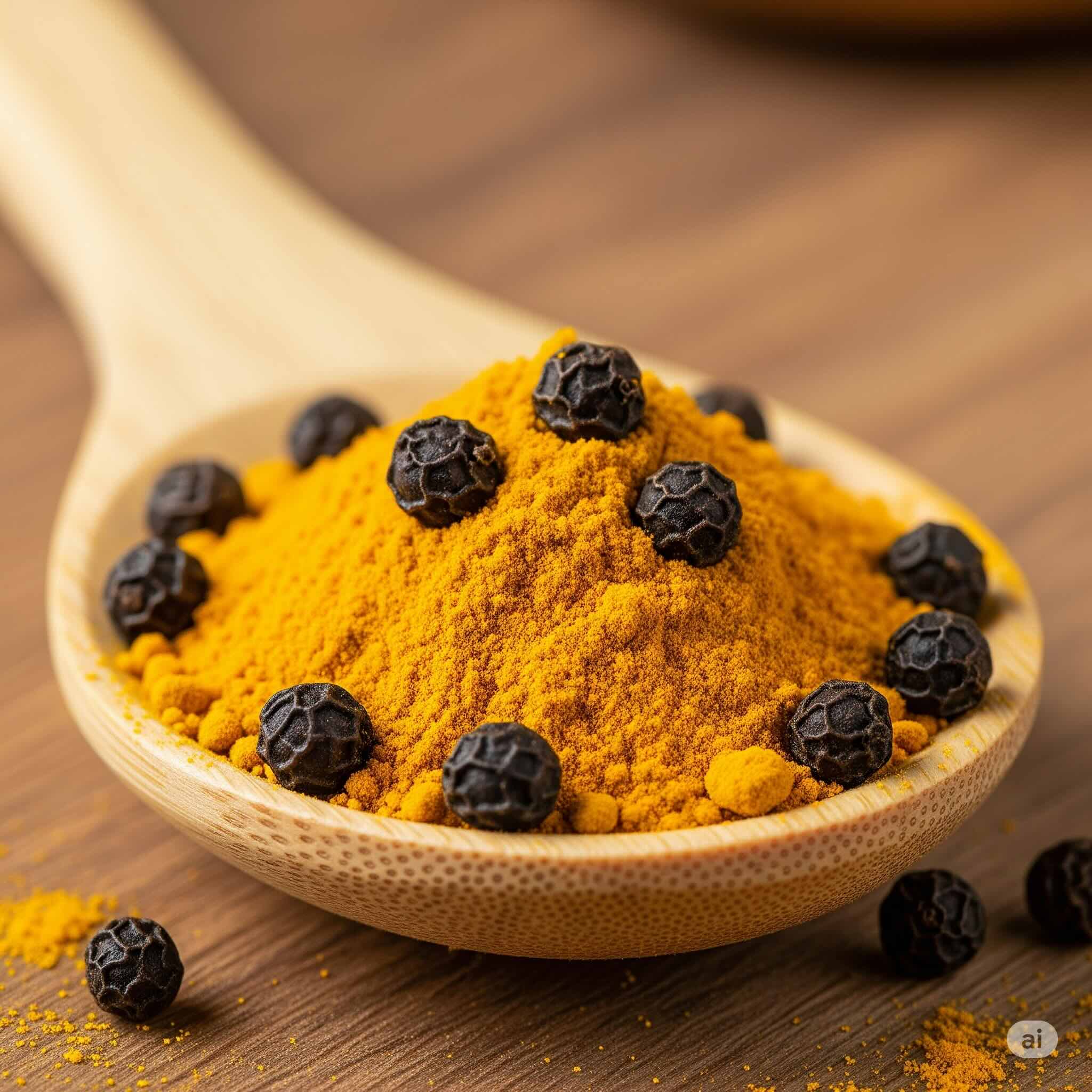 Gros plan hyperréaliste de poudre de curcuma et de grains de poivre noir dans une cuillère en bois.