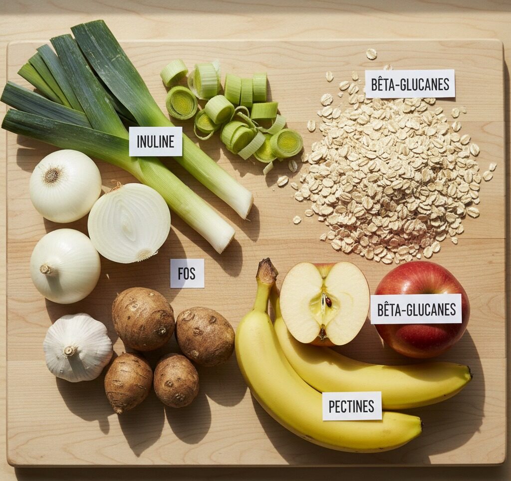 Aliments riches en prébiotiques (inuline, FOS, bêta-glucanes, pectines).