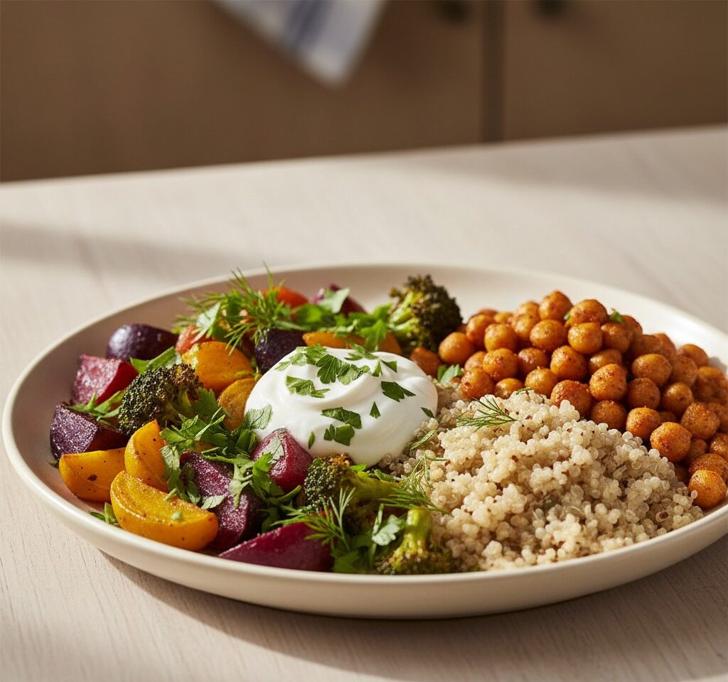 Assiette équilibrée pour nourrir le microbiote (légumes, céréale complète, légumineuses, yaourt).