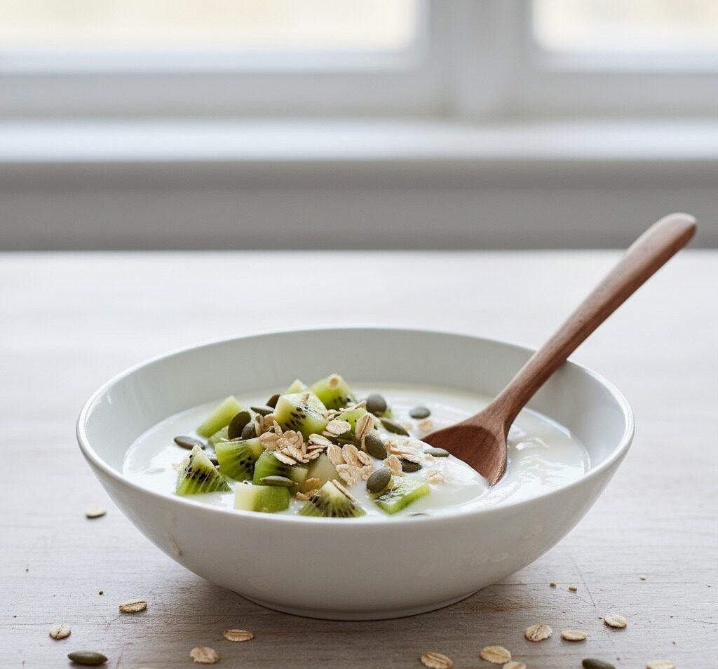bol yaourt-avoine-kiwi avec graines, petit-déjeuner allié sérotonine.
