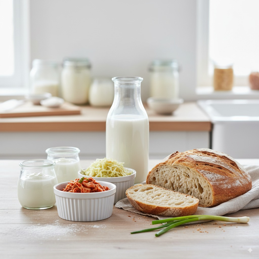 sélection d’aliments fermentés sur table en bois.
