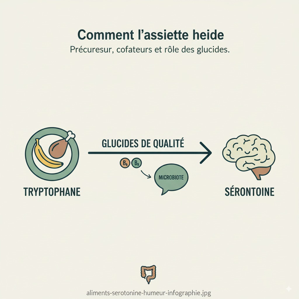 infographie de la voie tryptophane vers sérotonine et cofacteurs.