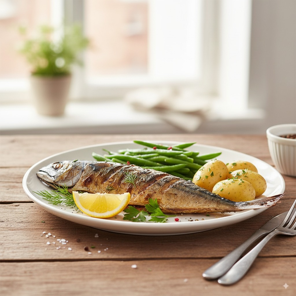 assiette de poisson gras grillé avec citron, herbes et légumes.