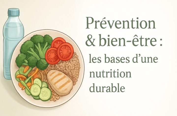 Image de titre avec assiette équilibrée à gauche et texte « Prévention & bien-être : les bases d’une nutrition durable » sur fond dégradé clair à droite.