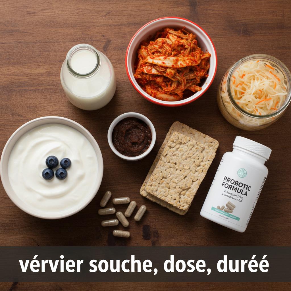 aliments fermentés et gélules de probiotiques avec étiquettes de souches.