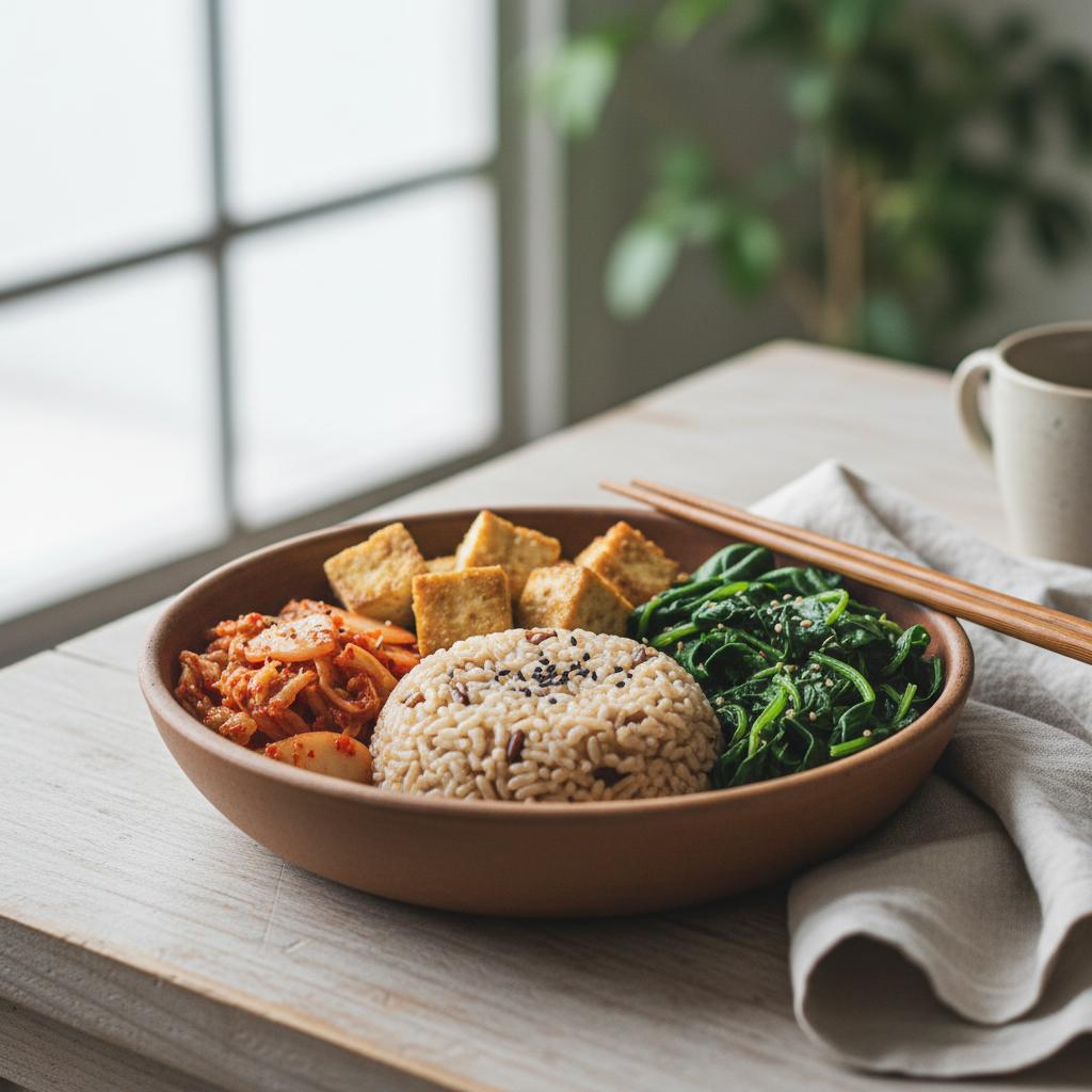 bol tofu-kimchi avec riz complet et épinards.