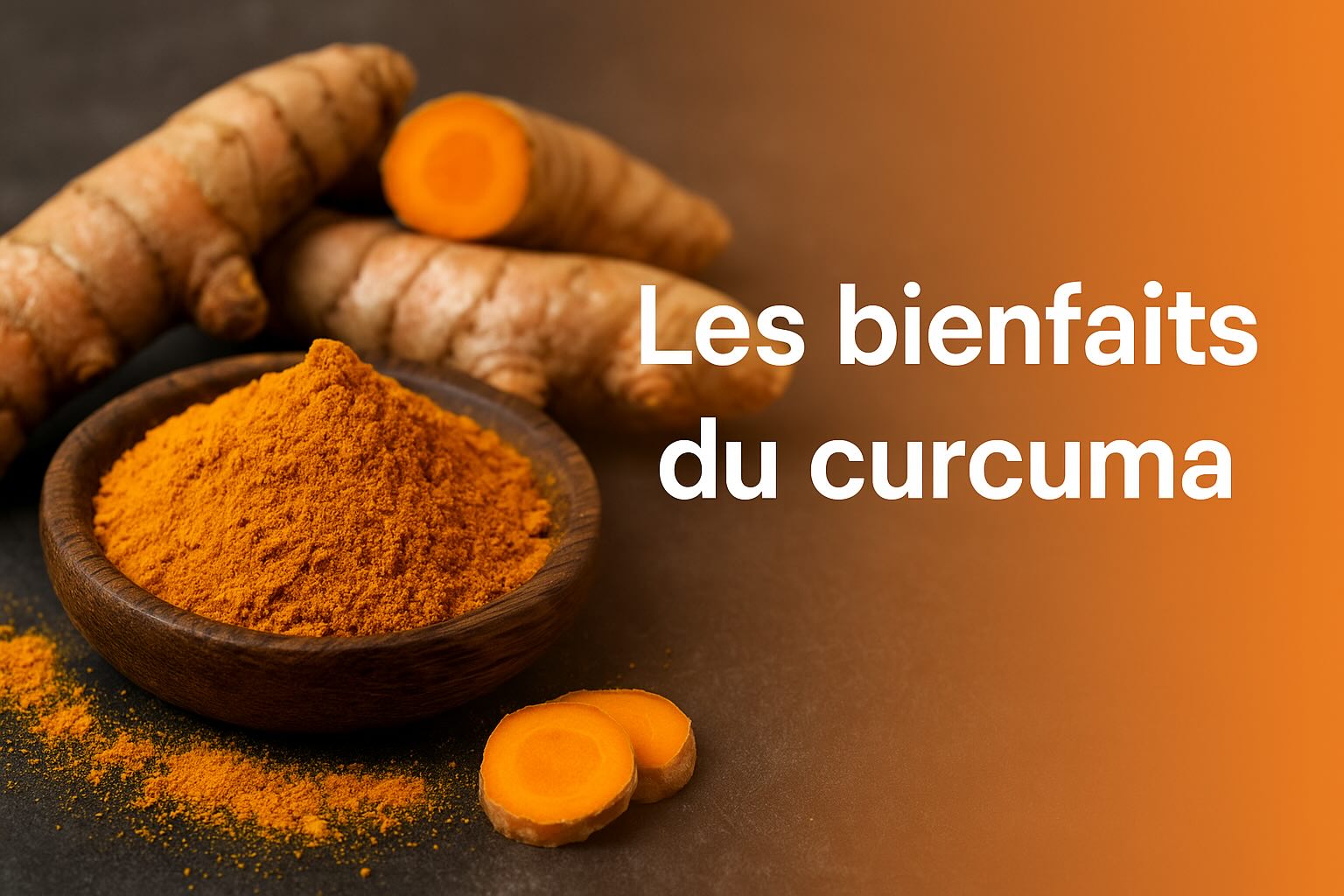 Curcuma en poudre et racine fraîche sur une planche en bois, illustrant les bienfaits du curcuma.