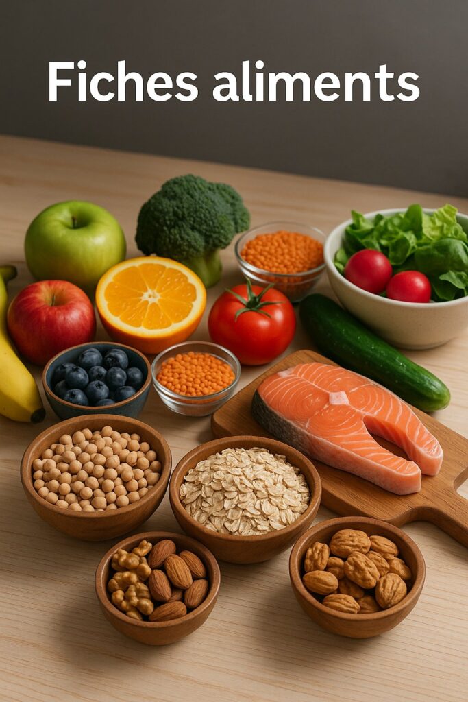 fiches aliments — assortiment d’aliments variés avec dégradé pour titre