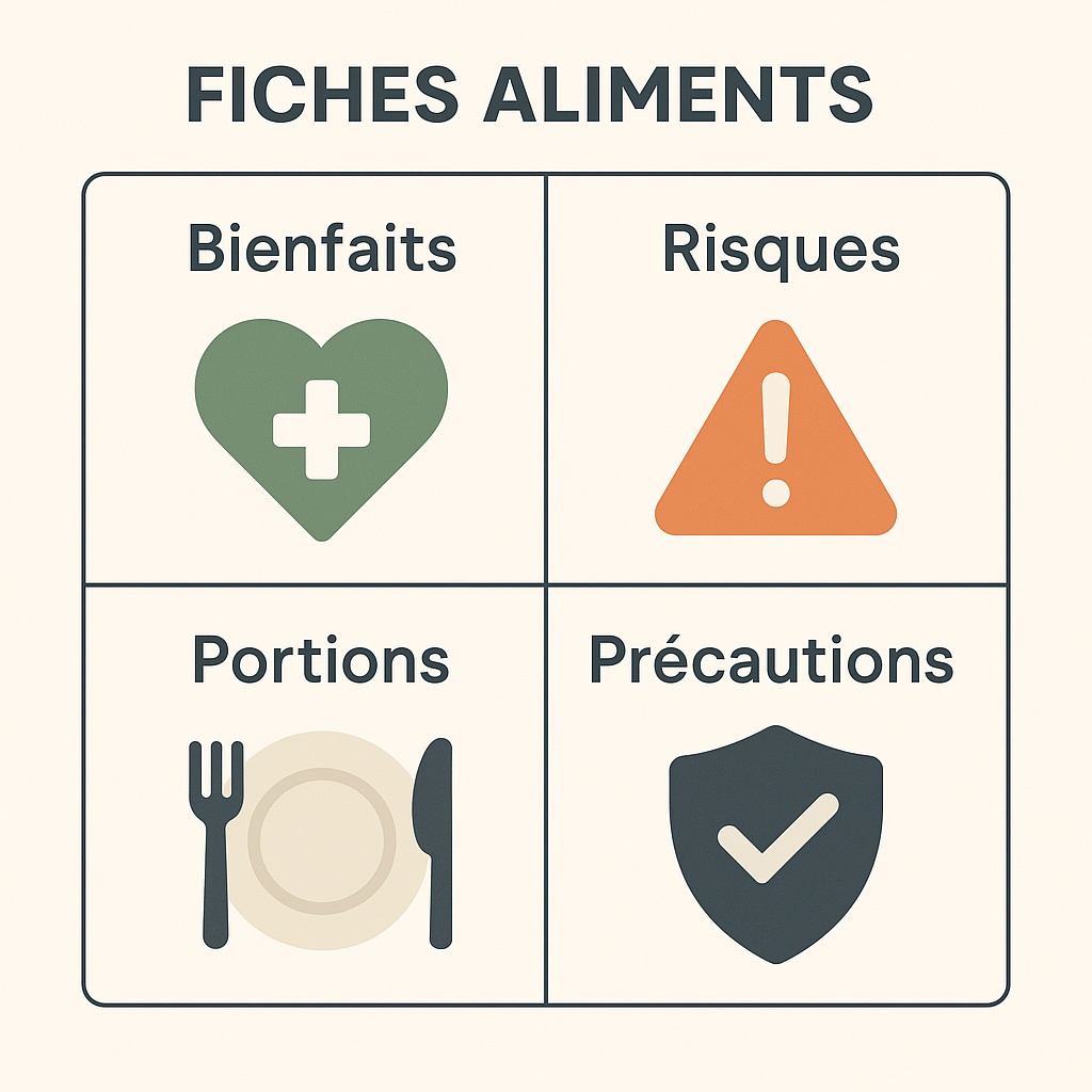 fiches aliments — infographie bienfaits, risques, portions, précautions