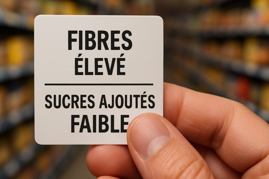 Lire les étiquettes pour choisir plus de fibres et moins de sucres Légende: Liste courte, plus de fibres, moins de sodium et de sucres. Description: Gros plan didactique sur les repères nutritionnels.