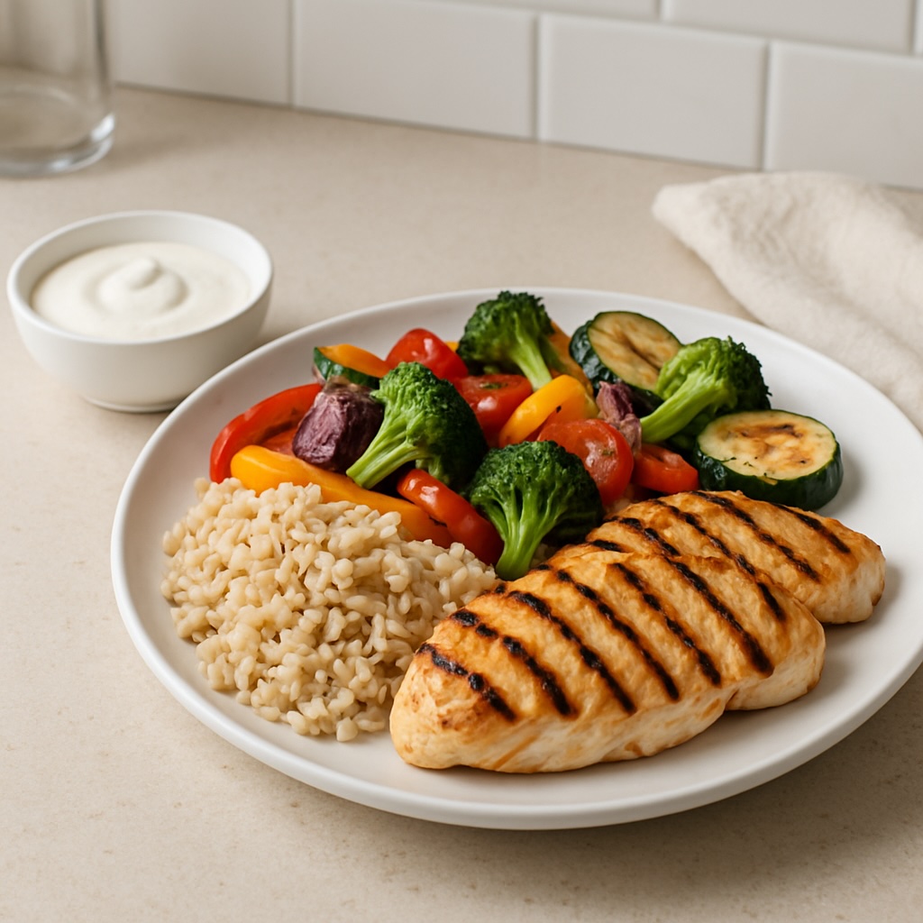 Assiette équilibrée simple avec légumes, féculent complet et protéine.