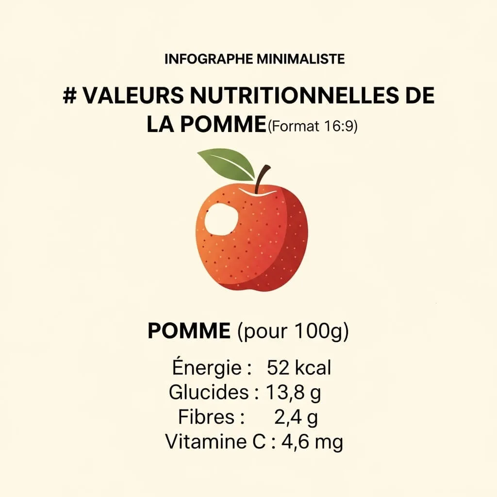Pomme 100 g : énergie, glucides, fibres, vitamine C.