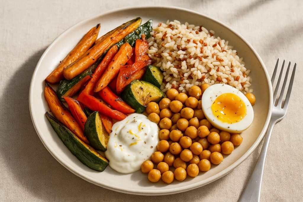 Assiette équilibrée simple avec légumes, féculent et protéines.