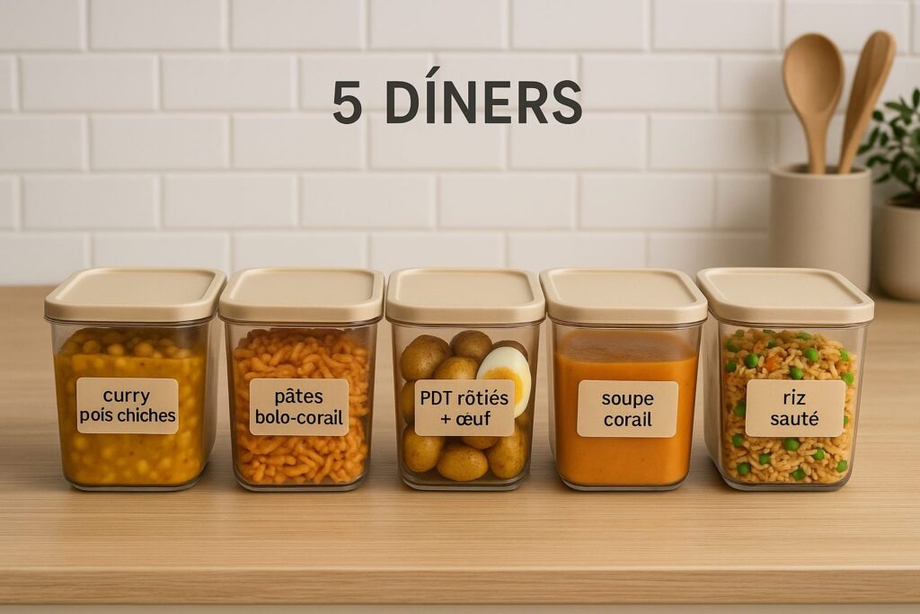 Cinq boîtes de dîners prêts issus d’une session de batch cooking. Titre : 5 dîners pour la semaine. Légende :