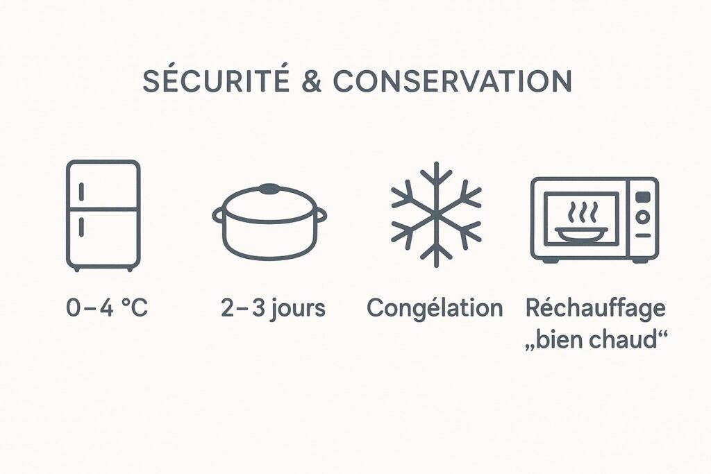 Repères de conservation et de réchauffage pour plats maison.