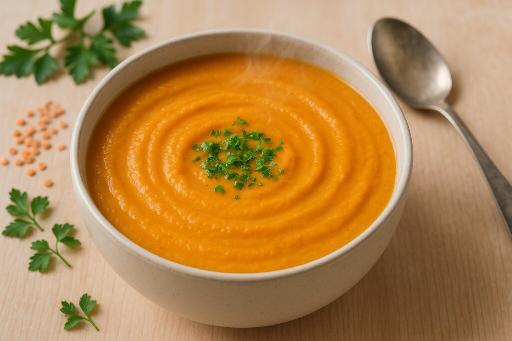 Bol de velouté carotte-lentilles corail, texture fondante.