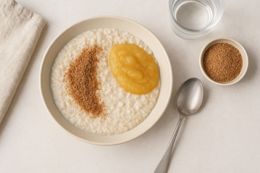 Porridge avoine, compote SSA et graines de lin moulues.