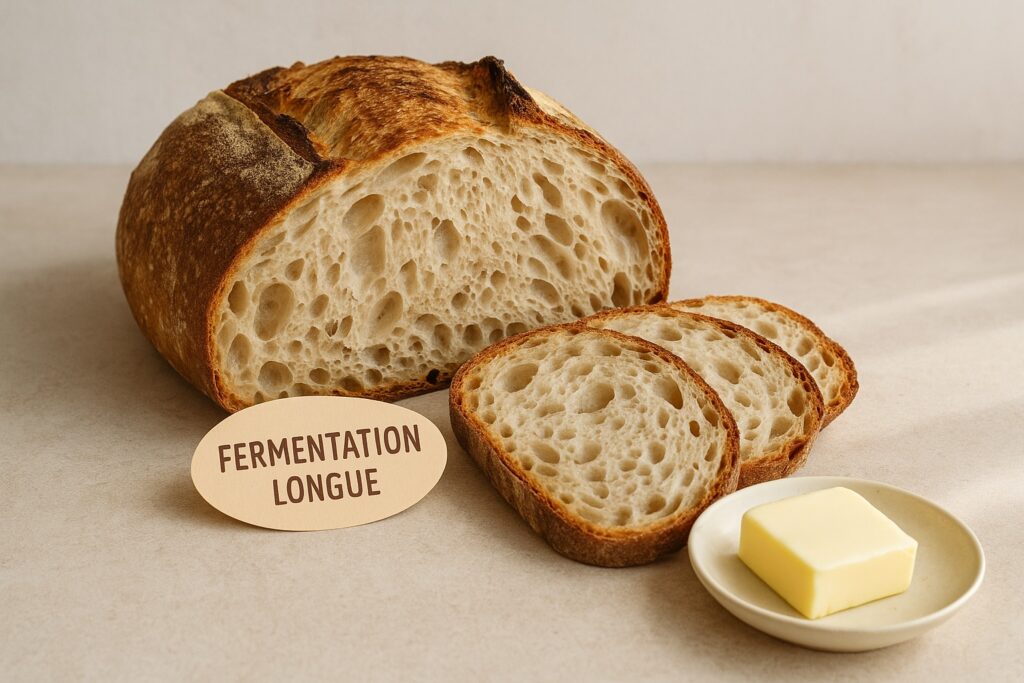 Pain au levain à fermentation longue, tranches prêtes à servir.