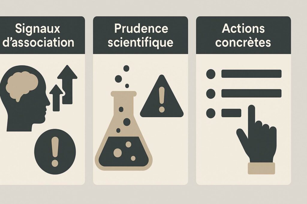 Illustration 16:9 en flat design, 3 colonnes : « Signaux d’association », « Prudence scientifique », « Actions concrètes ». Couleurs sobres. Alt : Position de l’ANSES sur les aliments très transformés : signaux, prudence, actions.