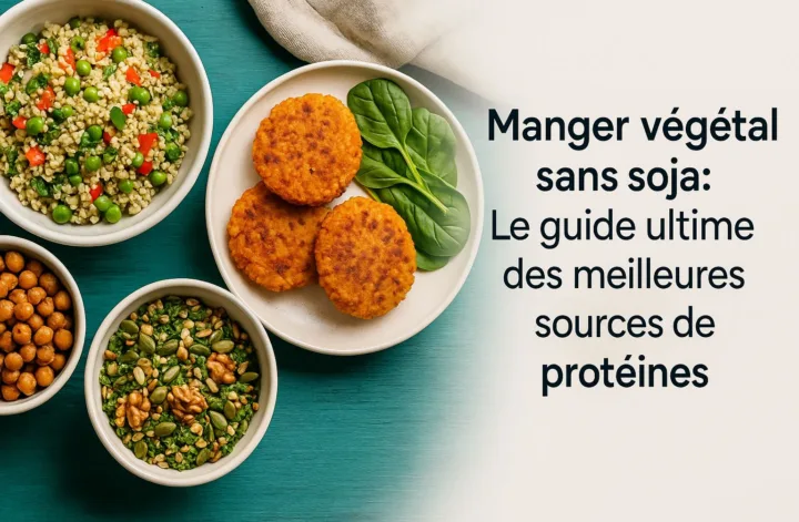Couverture article sur les protéines végétales sans soja, avec plusieurs plats variés et titre intégré.