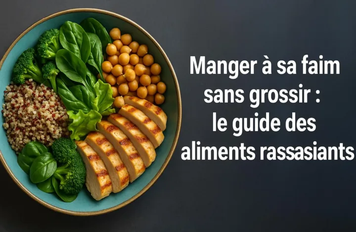 Grande assiette colorée avec quinoa, légumes verts, pois chiches et poulet, titre incrusté.