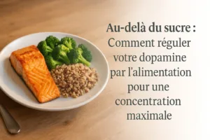 Assiette équilibrée avec saumon, brocoli et quinoa, titre de l’article à droite.