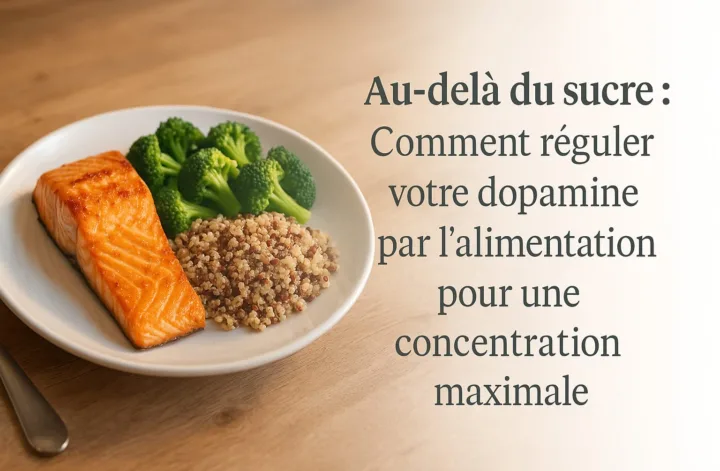 Assiette équilibrée avec saumon, brocoli et quinoa, titre de l’article à droite.