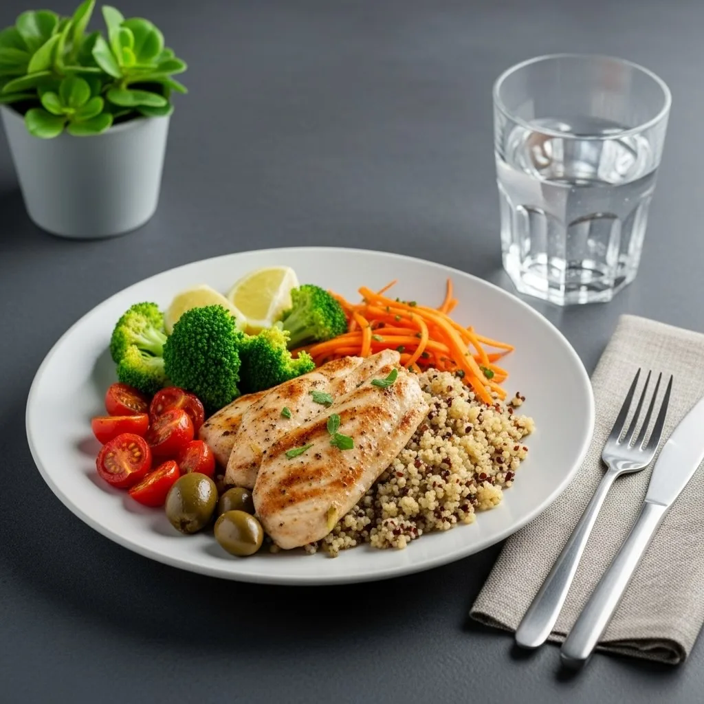 Assiette midi légère avec légumes, protéines et quinoa.