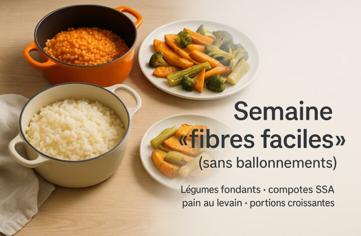 Image de couverture « Semaine fibres faciles » avec casseroles de riz et lentilles corail, assiettes de légumes fondants, titre à droite.