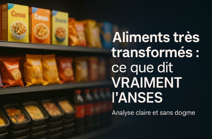 Aliments très transformés en rayon, titre ANSES en surimpression à droite Titre : Aliments très transformés : ce que dit l’ANSES