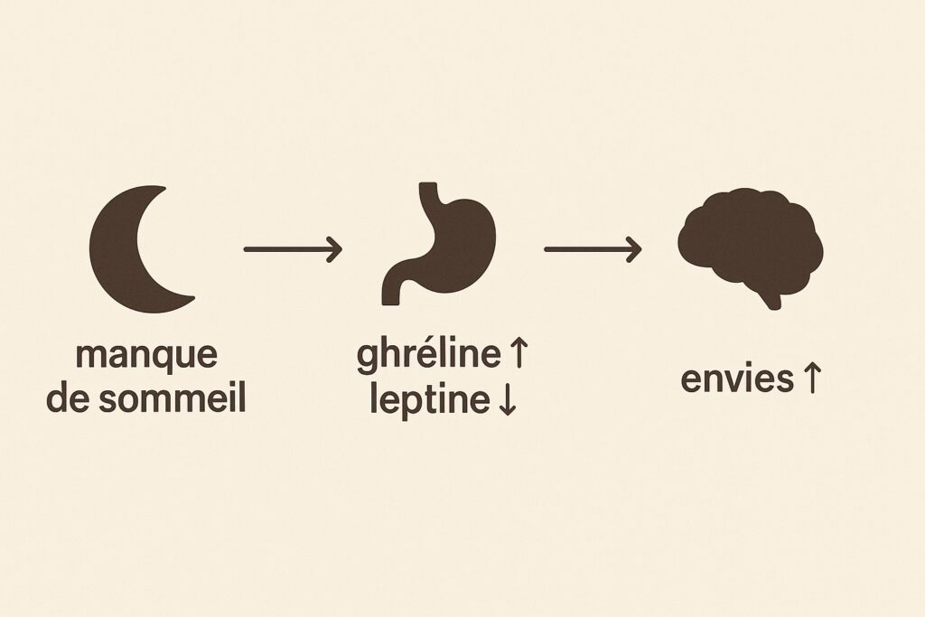 Schéma ghréline/leptine et grignotages liés au manque de sommeil.