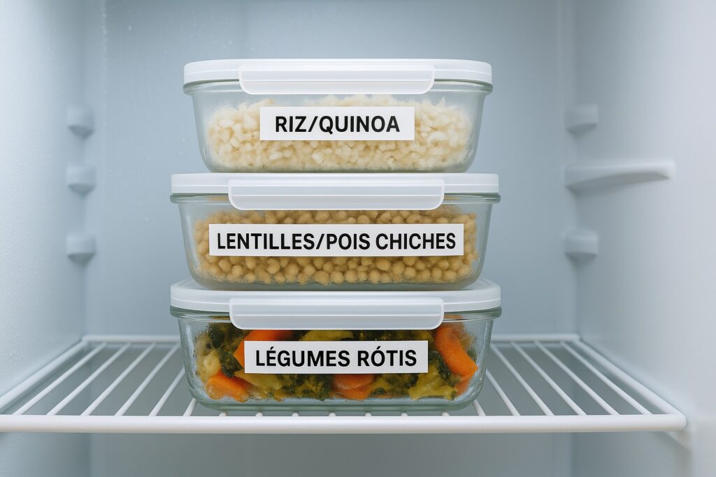 Barquettes riz/quinoa, lentilles/pois chiches, légumes rôtis au réfrigérateur.