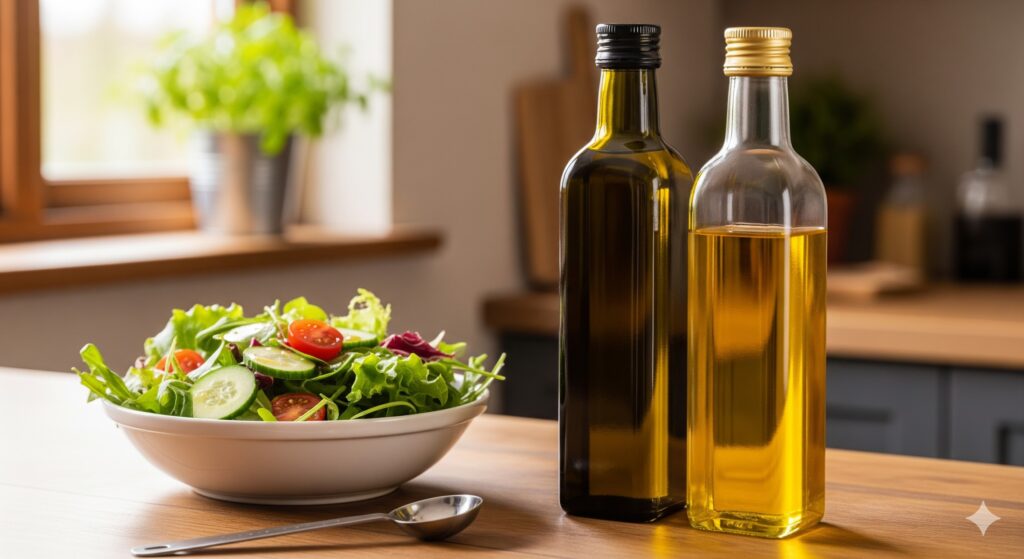 Huiles d’olive et colza posées sur un plan de cuisine.