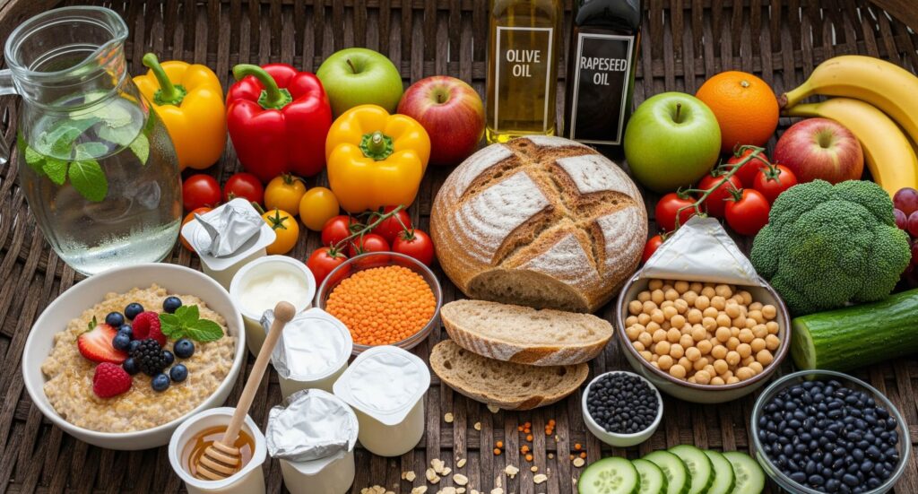 Photo 16:9 d’un panier/plan de travail : eau, flocons d’avoine, yaourts nature, pain complet, légumineuses, légumes, fruits, huiles olive/colza. Alt : Panier anti aliments très transformés : bases simples du quotidien.