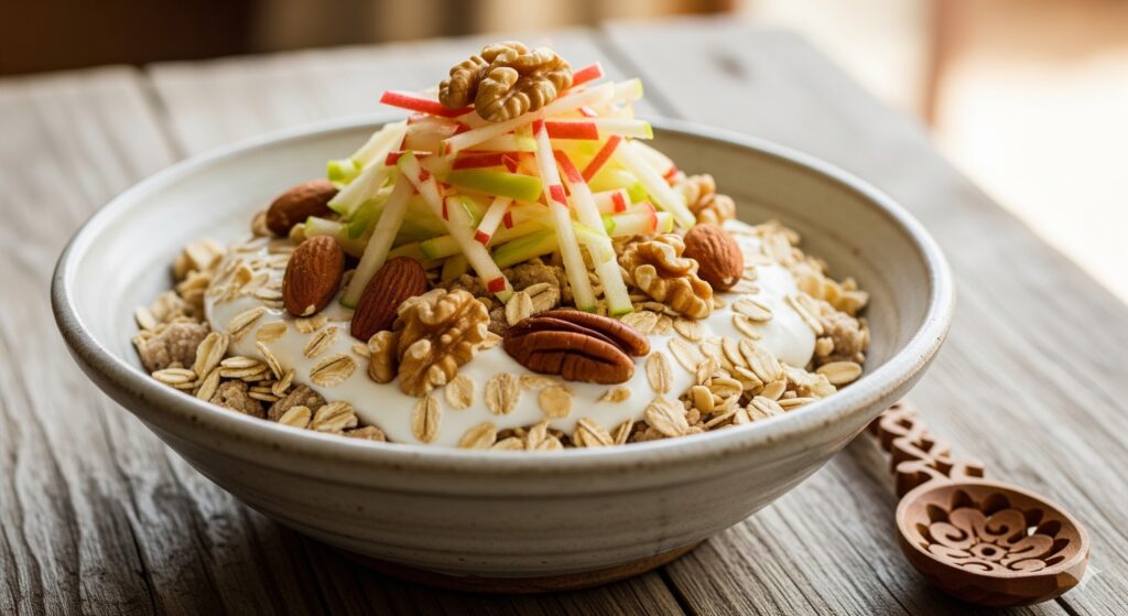 Petit-déjeuner maison avec avoine, yaourt, pomme et noix.