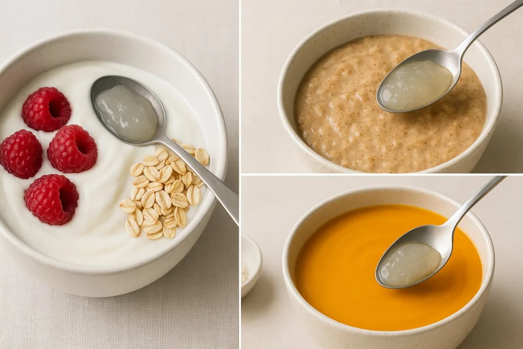 Trois recettes faciles avec gel de sea moss : yaourt-fruits, porridge cannelle, soupe lisse.