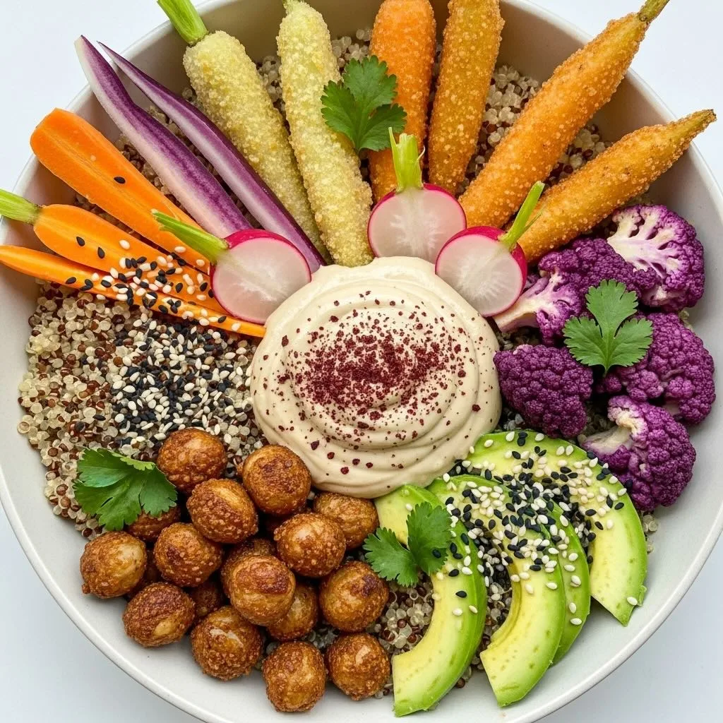 Buddha bowl sans soja avec quinoa, pois chiches et légumes.